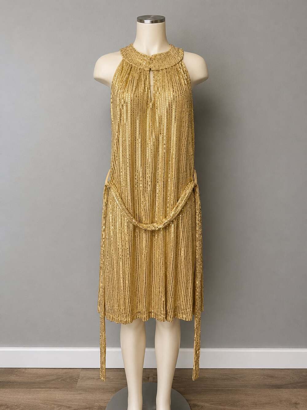 Gold Metallic Pleated Halter Dress